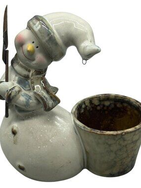 Woodland Ceramic Snowman Figurine With Rustic Look & Built-In Planter READ